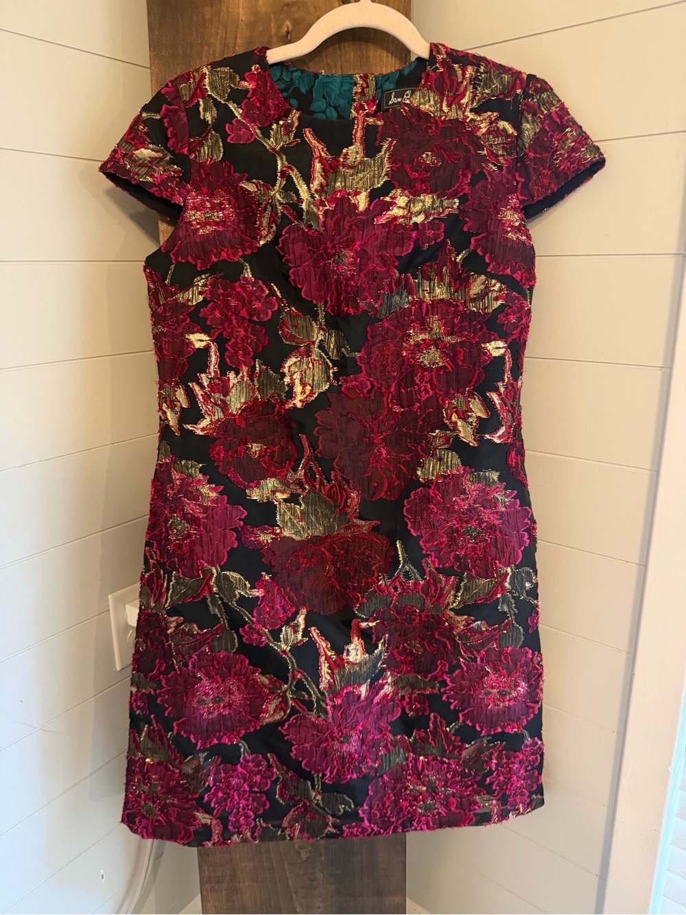 Sam Edelman Black Dress with Red Floral Brocade and Gold Accents